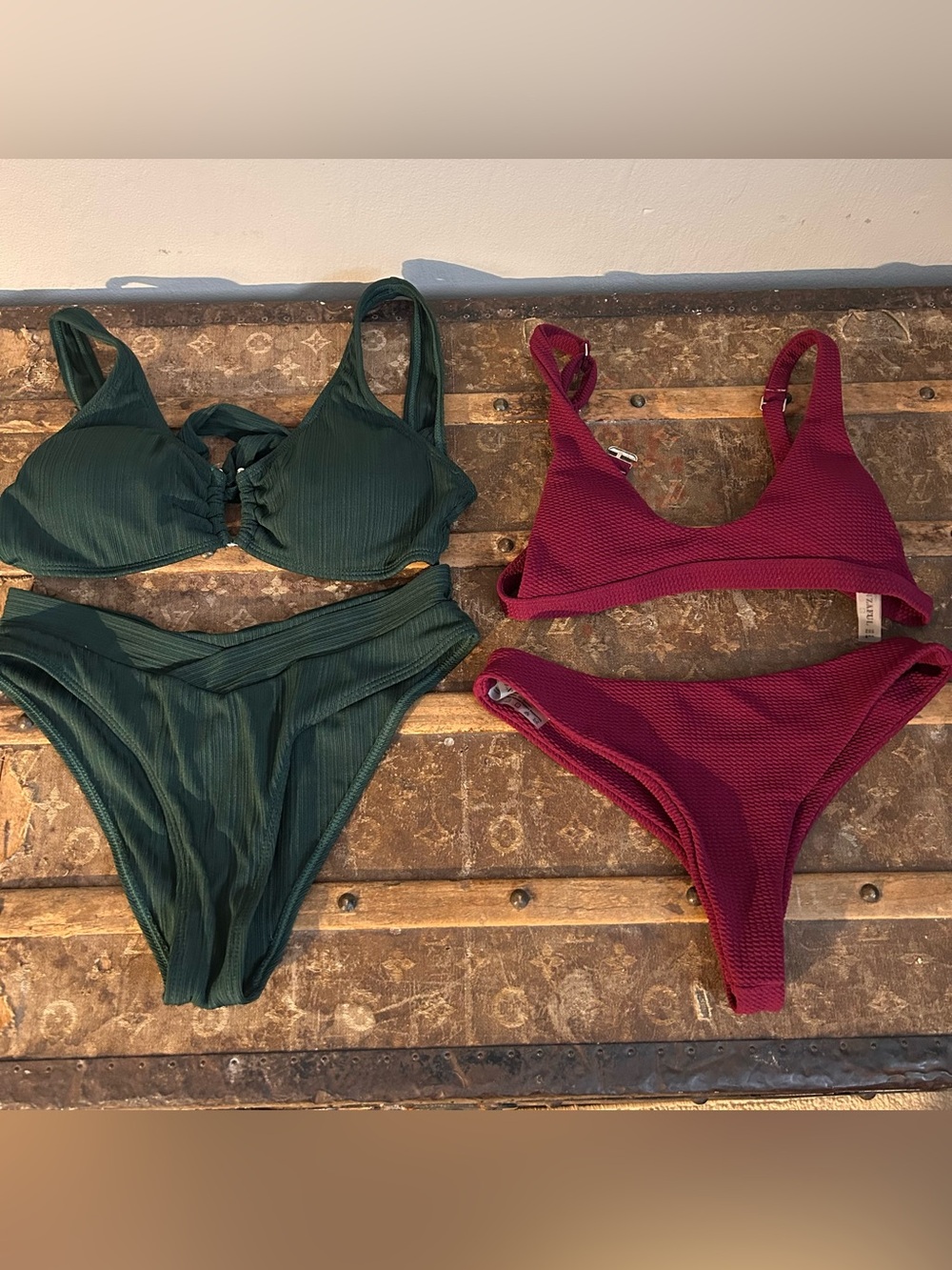 Zaful Bundle - Green Ribbed Bikini Top & High-Waist Bottom - Maroon Bikini Set